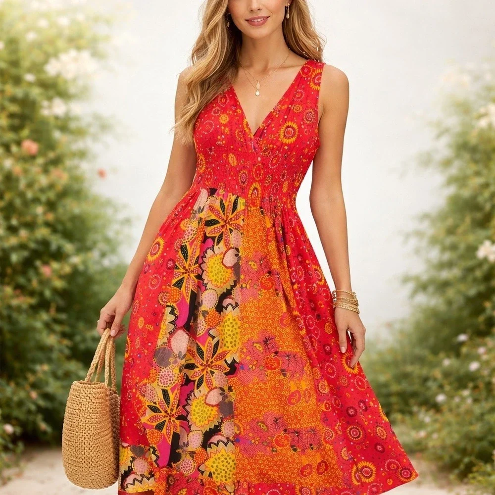 Jane Ashley Red Patchwork Floral Cotton Smocked Midi Dress XL Boho V-Neck - Picture 3 of 12